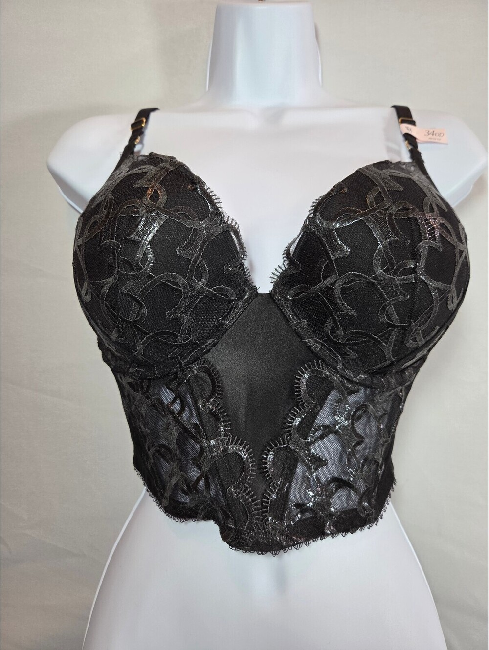 Victoria’s Secret Very Sexy Push-Up Longline Bra 34DD Black Metallic Lace NWT
